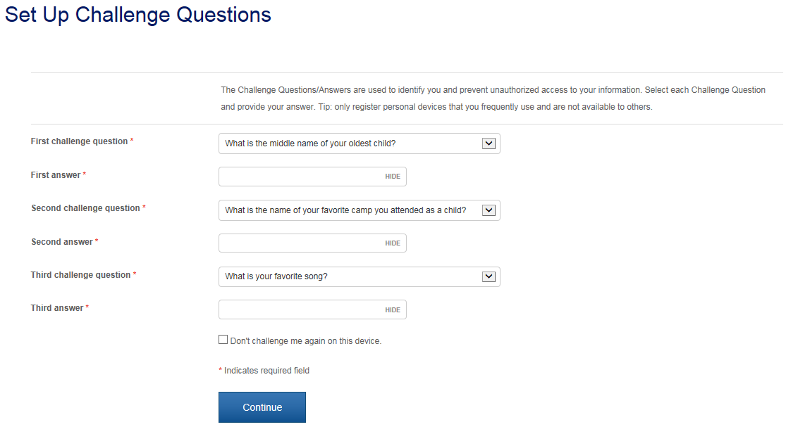 Online Banking Setup Challenge Questions