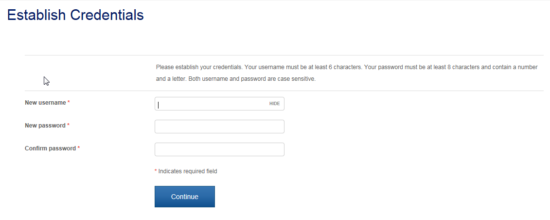 Online Banking Establish Username and Password